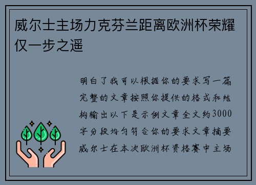 威尔士主场力克芬兰距离欧洲杯荣耀仅一步之遥